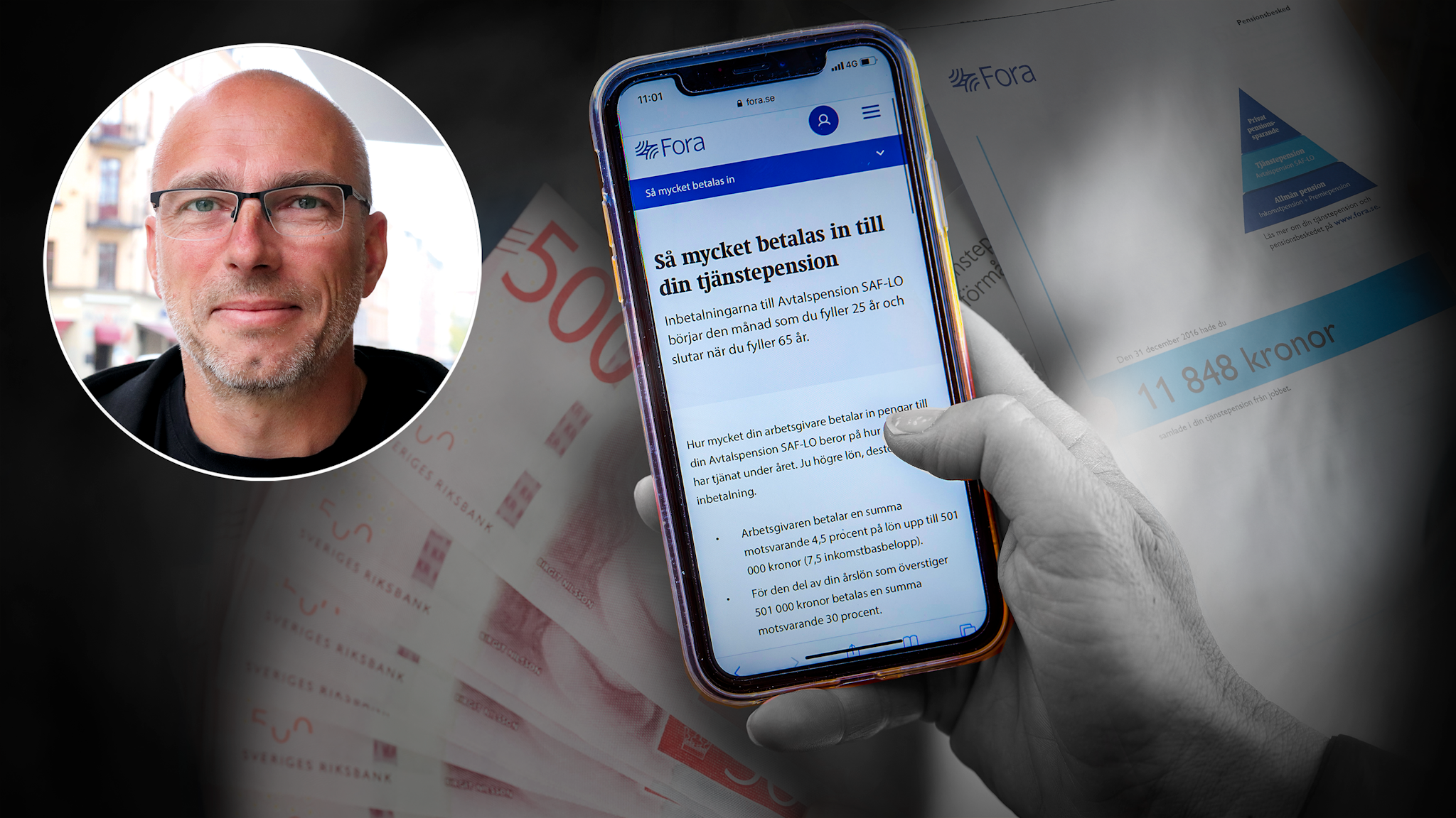 En bild på Michael Bentin monterad invid en mobilskärm med Foras hemsida, omgiven av sedlar och pensionsbesked.
