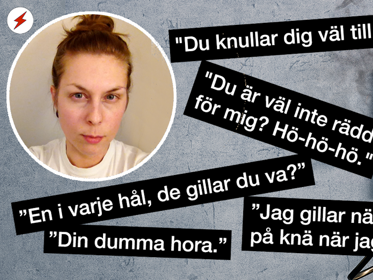 En bild på Karolina Dahl monterad invid ett brinnande eluttag och en samling sexistiska citat från undersökningen.