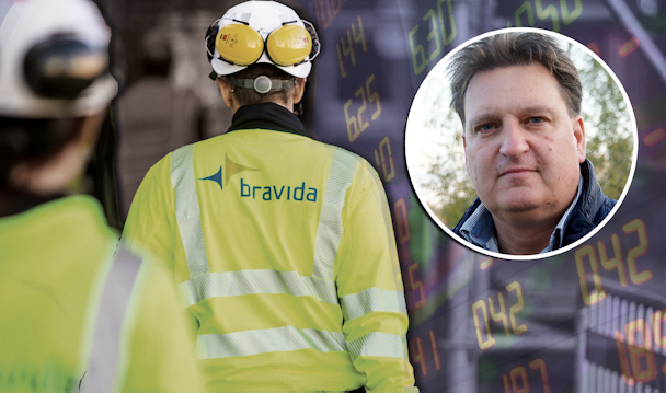 En bild på Anders Eriksson monterad invid en bild på två arbetare i Bravida-jackor, och en bild på en skärm som visar aktiekurser i grönt och rött.