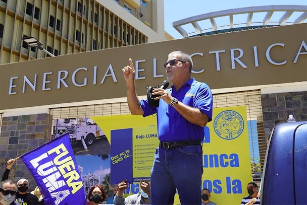 Ángel R Figueroa Jaramillo speaking at the protest.