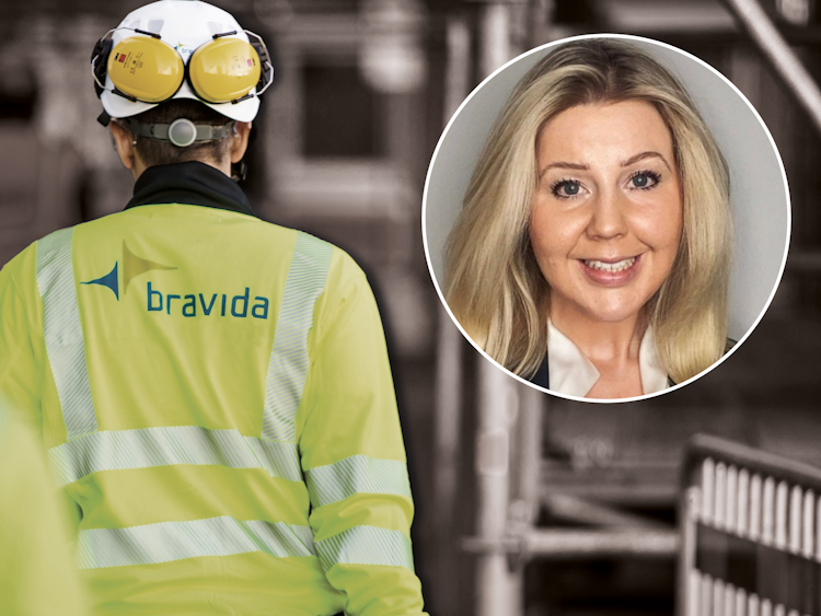 En bild på Liselotte Stray monterad invid en bild på två arbetare i Bravida-jackor.