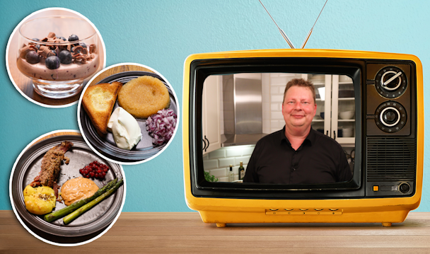 Per Lawén i sitt kök på en tv-skärm, med bilder på tre oliuka maträtter monterade över.