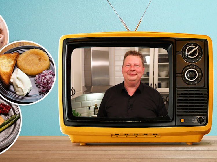 Per Lawén i sitt kök på en tv-skärm, med bilder på tre oliuka maträtter monterade över.