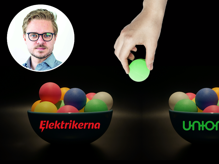 En hand som håller en grön boll över två skålar fulla med färgglada bollar. På en ena skålen står det Elektrikerna, på den andra Unionen. En bild på Anton Levein är monterad i hörnet.