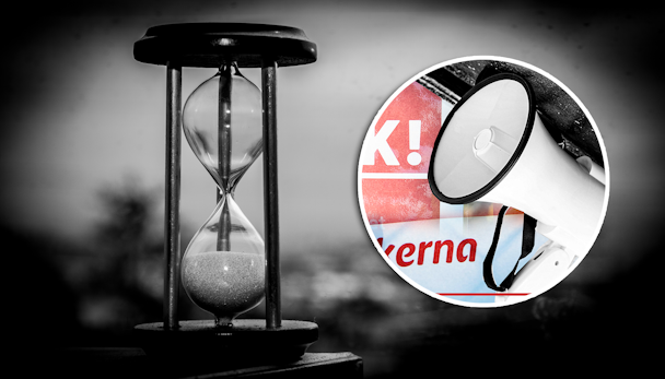 En bild på ett timglas invid en cirkelbeskuren bild på en megafon och en strekjskylt.