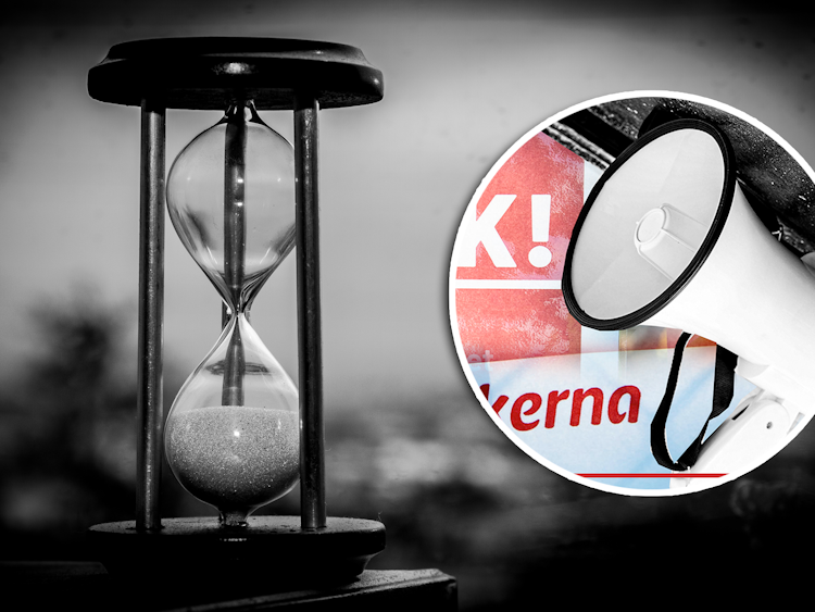 En bild på ett timglas invid en cirkelbeskuren bild på en megafon och en strekjskylt.
