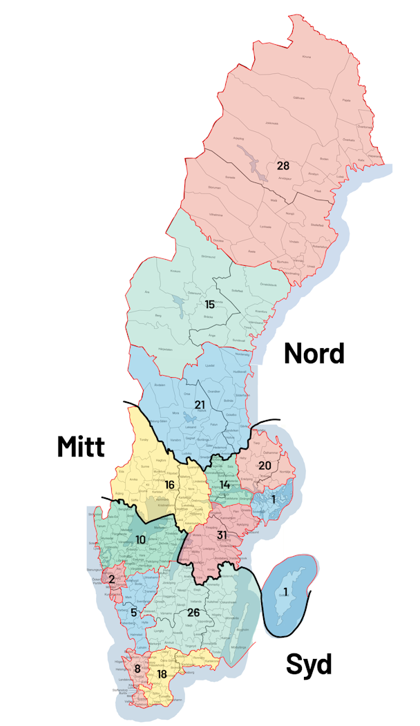 En sverigekarta uppdelad i Nord, Mitt och Syd