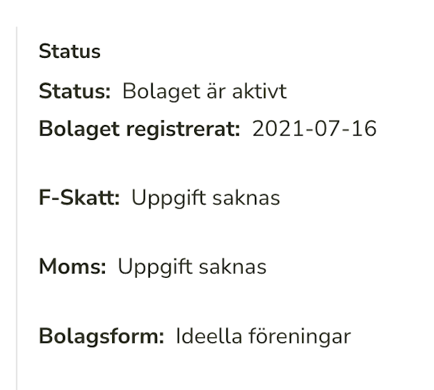 En skärmdump från allabolag.se, som visar att Blå-gul fackförening registrerades 2021-07-16.