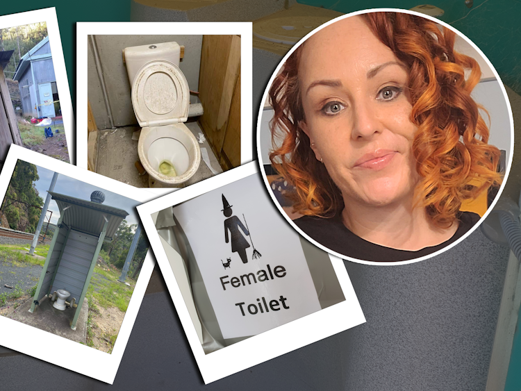 En bild på Ellen McNally invid foton på undermåliga toaletter.