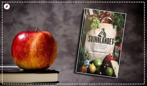 Ett äpple som liggen på en trave böcker, med omslaget till boken "Svinnlandet" monterat över.