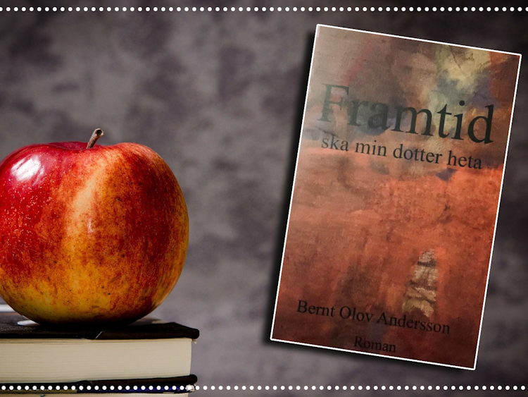 Ett äpple som liggen på en trave böcker, med omslaget till boken "Framtid ska min dotter heta" monterat över.