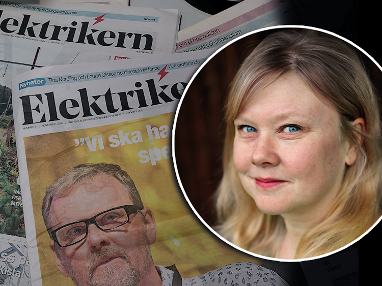 En bild på Lena Gunnars monterad över en samling nummer av tidningen Elektrikern