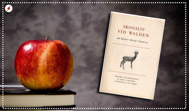En bok och ett äpple invid omslaget till boken Skogsliv vid Walden, föreställande ett tecknat hjortdjur mot en beige bakgrund.