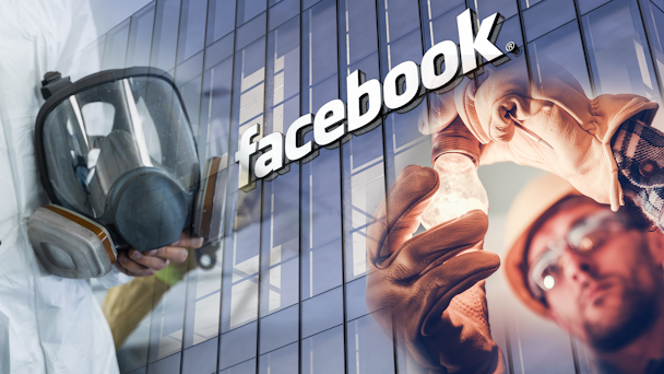 Bilder på en målare med skyddsmask och en elektriker, monterade framför en fasad med Facebooks logga på.