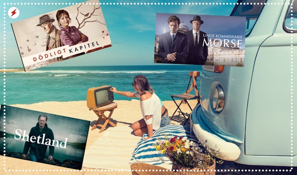 En kvinna på stranden, med en folkabuss och gammal TV. Omgiven av inklippta titelkort för tre TV-serier.