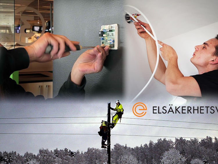 Monterad bild med fyra personer som på tre olika ställen håller på att arbeta med elektricitet.