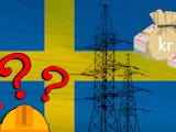 Monterad bild med svensk flagga, elledningar, pengar och frågetecken.