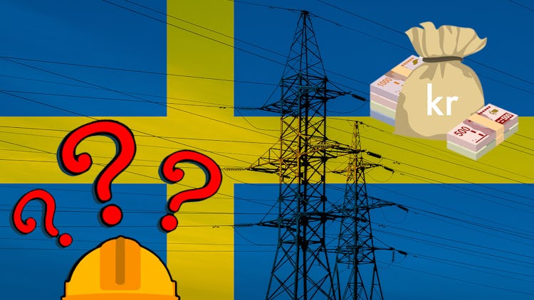 Monterad bild med svensk flagga, elledningar, pengar och frågetecken.