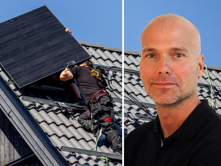 Två personer monterar solceller på ett villtak. Infälld bild på Adam Hedbom.
