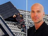 Två personer monterar solceller på ett villtak. Infälld bild på Adam Hedbom.