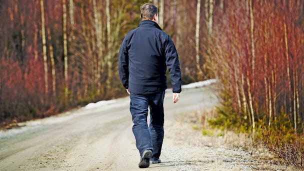 Vi ser ryggen på en man som promenerar på en skogsväg.