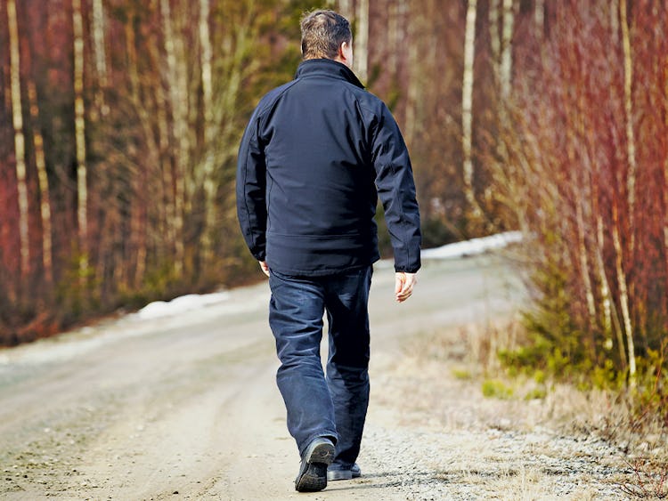 Vi ser ryggen på en man som promenerar på en skogsväg.