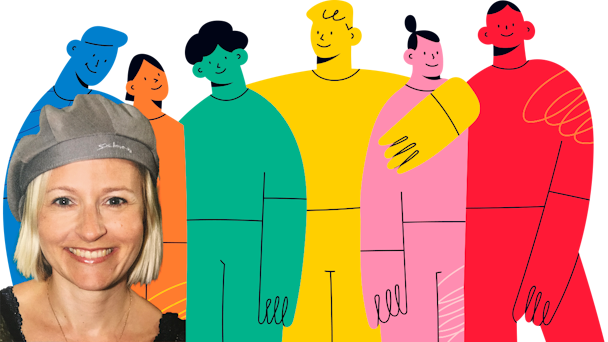 Ida-Therese Högfeldt och ett gäng tecknade karaktärer i olika färger.