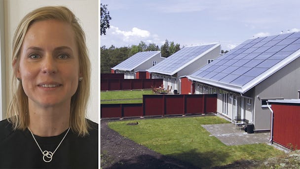 Beatrice Fernström på Svea Solar och en bild på hus med solceller.