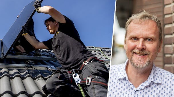 Elektriker som monterar solpaneler på ett tak och porträttbild på Urban Pettersson.