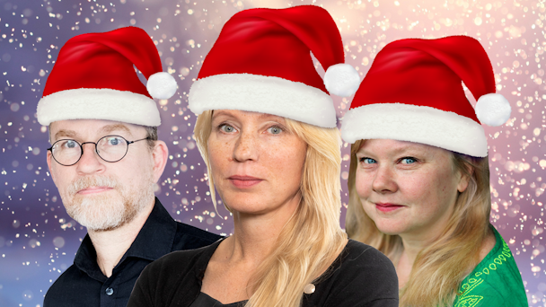 Janne Johansson, ny teknik-redaktör, Anna Norling, chefredaktör och Lena Gunnars, reporter önskar alla läsare en god jul. De bär tomtehattar framför en snöig bakgrund.