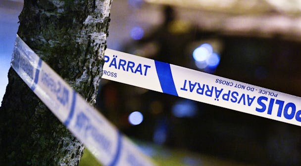Polisens avspärrningsband lindade runt ett träd på en nattlig brottsplats.