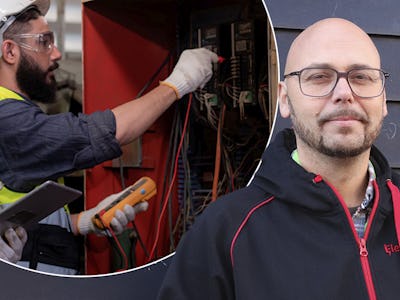 Bild uppdelad i två delar där en elektriker arbetar med en panel till vänster, och till höger ett porträtt av man med glasögon.