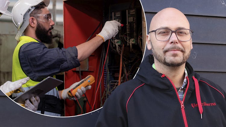Bild uppdelad i två delar där en elektriker arbetar med en panel till vänster, och till höger ett porträtt av man med glasögon.