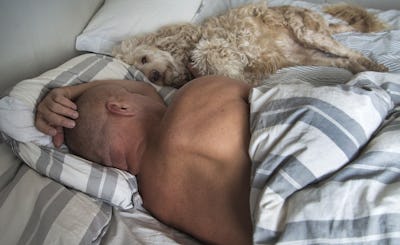 en man och en hund sover i en säng.