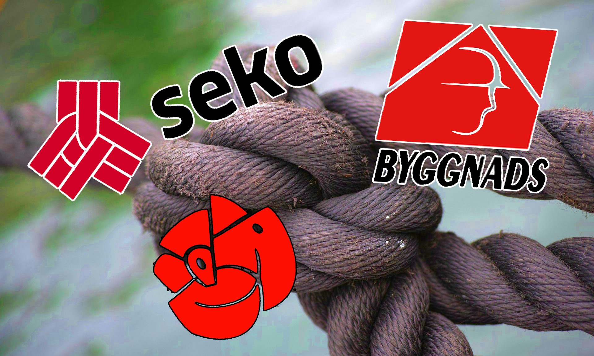 Bilden föreställer ett knutet rep, samt logotyperna för Socialdemokraterna, SEKO och Byggnads.