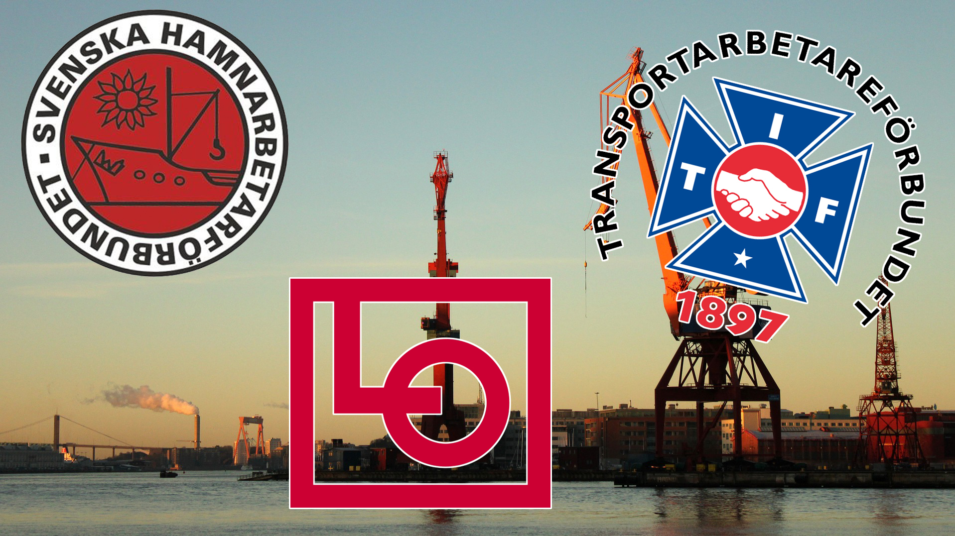 Bilden föreställer en hamn med stora, röda kranar. Logotyperna för Hamnarbetarförbundet, LO och Transport är monterade över fotot.