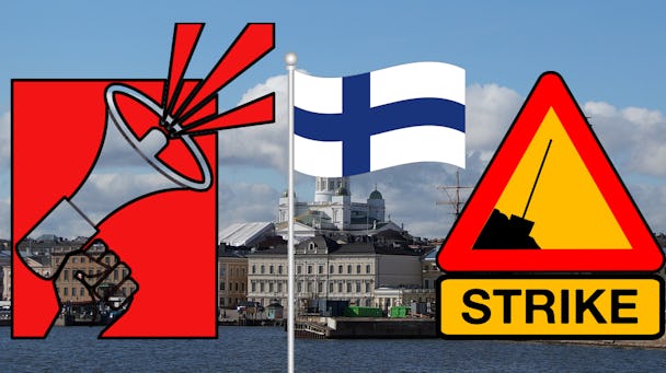 En bild på Helsingfors från havet, med tecknade bilder av en megafon och Finlands flagga monterade över