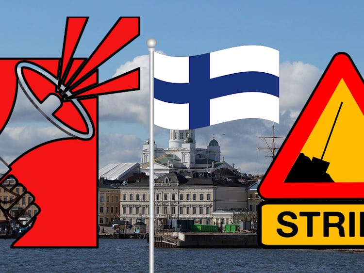 En bild på Helsingfors från havet, med tecknade bilder av en megafon och Finlands flagga monterade över