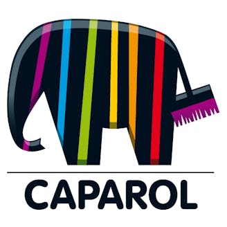 Caparols symbol: En regnbådsrandig elefant med en pensel som svans