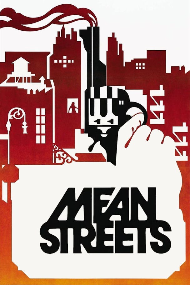 Omslaget till filmen Mean Streets. Filmens titel ramas in av en stiliserad bild av New York och en rykande revolver.