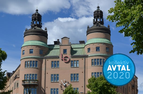 LO-borgen i Stockholm, med en etikett över fotot där det står "Kollektivavtal 2020"