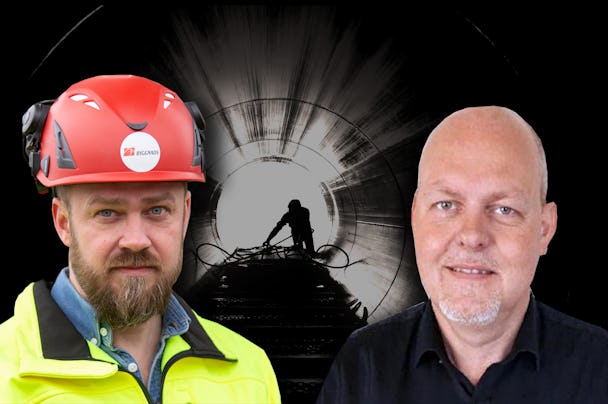 Silhuetten av en person som arbetar o em tunnel, med foton av Kim Söderström och Mats Eriksson monterade över.