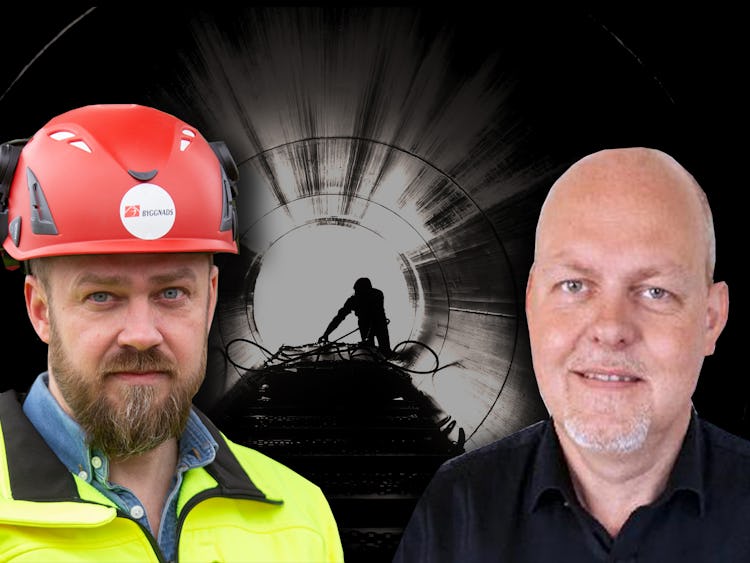 Silhuetten av en person som arbetar o em tunnel, med foton av Kim Söderström och Mats Eriksson monterade över.