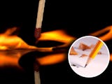 En tändsticka som tänder en eldslåga mot ett bland underlag, med en cirkel med en penna monterat över