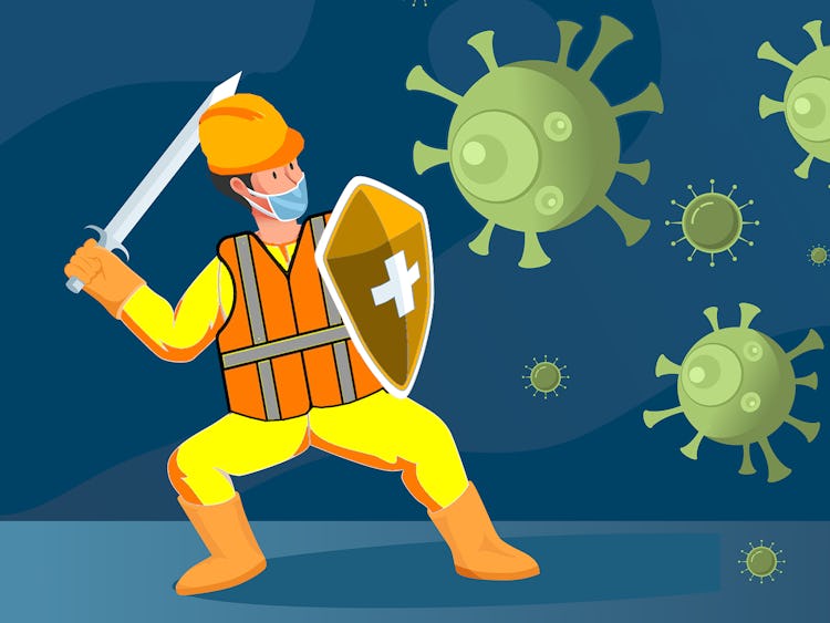 En tecknad byggnadsarbetare försvarar sig med svärd och sköld mot ett gäng tecknade coronavirus