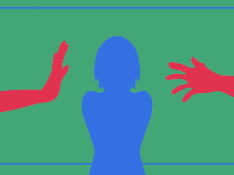 Tecknade händer som sträcker sig mot en tecknad silhuett av en person i mitten