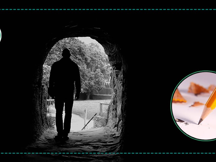 Silhuetten av en person som går genom en mörk tunnel