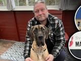 Conny Andersson och en stor hund sitter på en veranda. Bilder på Målareförbundets logga och LO-borgen är monterade över.