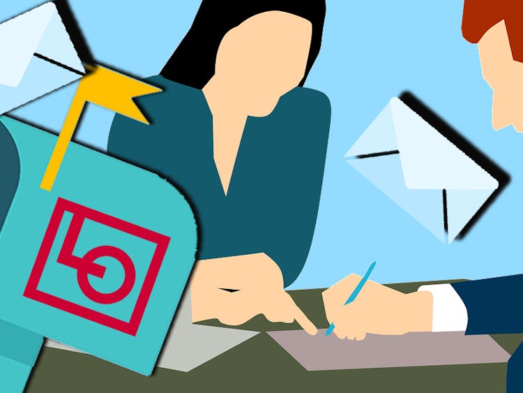 Två tecknade personer tittar och pekar på papper, med en postlåda med LO:s logga på i förgrunden