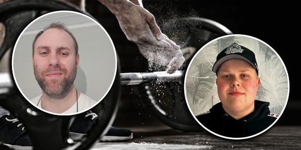 Foton på Rikard Englund och Mathias Ahlbäck monterade över en bild på en person som ska lyfta en tung vikt